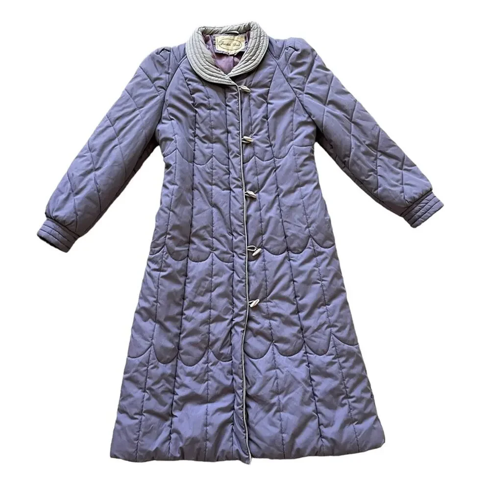 Vintage 80s Purple Puffer Jacket Long Coat Toggle Buttons Stranger Things 7/8